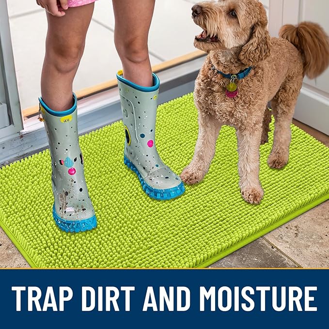 Smiry Dog Door Mat for Muddy Paws 30x20, Absorbs Moisture and Dirt Doormat, Non-Slip Washable Quick Dry Chenille Front Door Mat Indoor Entrance, Entryway Carpet for Inside Floor, Bright Green