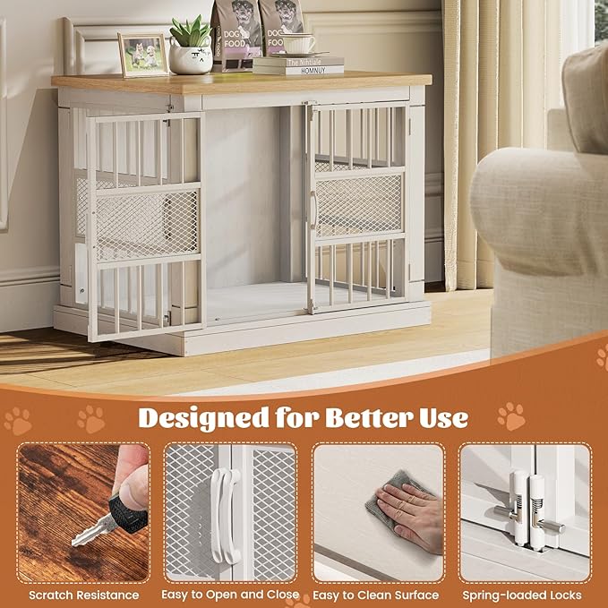 VOPEAK 27.5" Dog Crate Furniture, Chew Resistant Dog Crate for Small Dogs Puppy, Heavy Duty Dog Crates Dog Kennel Cage Indoor with Double Doors, Wooden End Table for Bedroom Living Room, White
