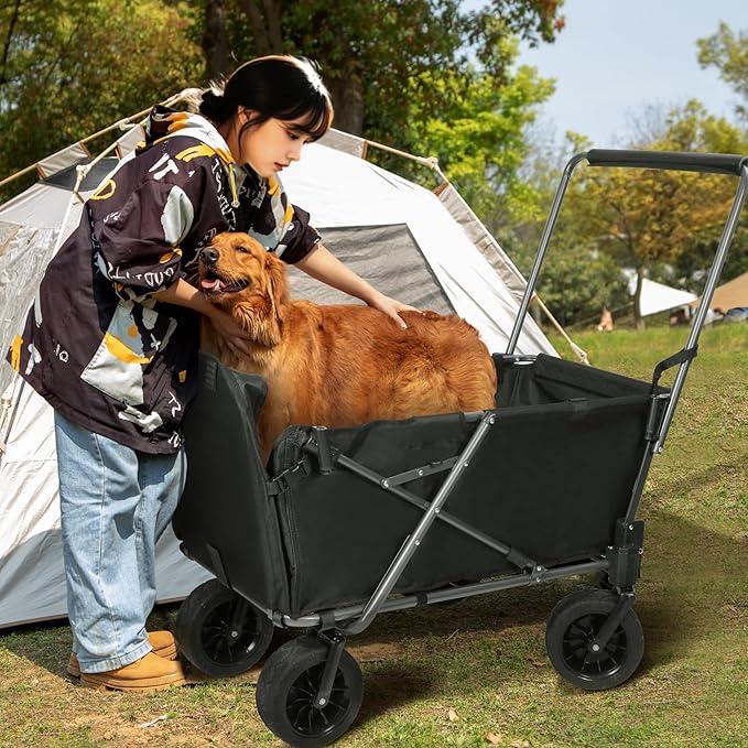 REDCAMP Folding Dog Wagon Cart with Extendable Rear End Heavy Duty, 220L Large Collapsible Utility Cart Dog Stroller with Tailgate for Sports Shopping Pet, Black