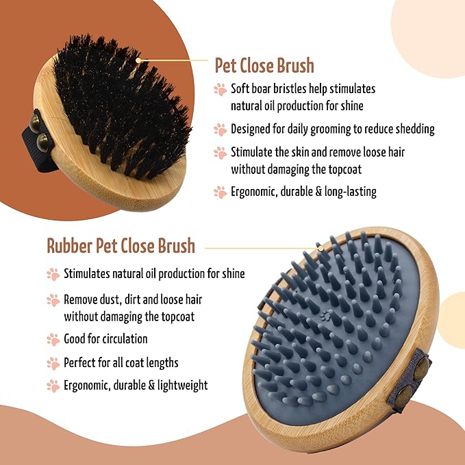 The Buddy System Pet Close Brush, Soft Touch Oval Palm Brush - Bamboo Massage Handheld with Soft Boar Bristles and Elastic Band for Dogs and Cats (2-pack, 1 Brush + 1 Rubber)