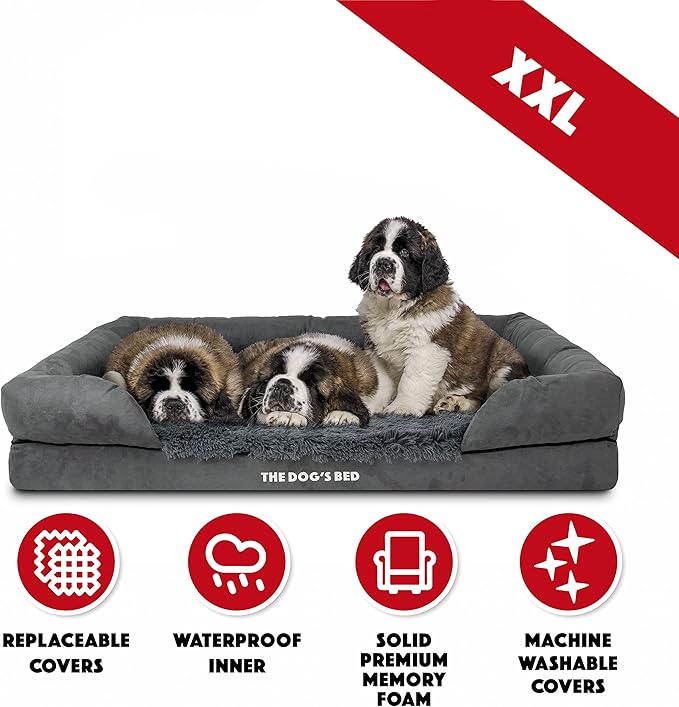 The Dog’s Bed, XXL Grey Fur Memory Foam, Pain Relief: Arthritis, Hip & Elbow Dysplasia, Post Surgery, Lameness, Supportive, Calming, Waterproof, Washable Cover, Veterinary Approved