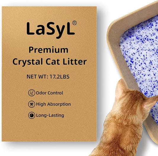LaSyL Premium Crystal Cat Litter - 17.2 lb, Four Months Lasting - Superior Odor Control & Absorption, Non-Clumping, Low Tracking Silica Gel Safe for Pet, White & Blue (4 Bags of 4.3 lb)