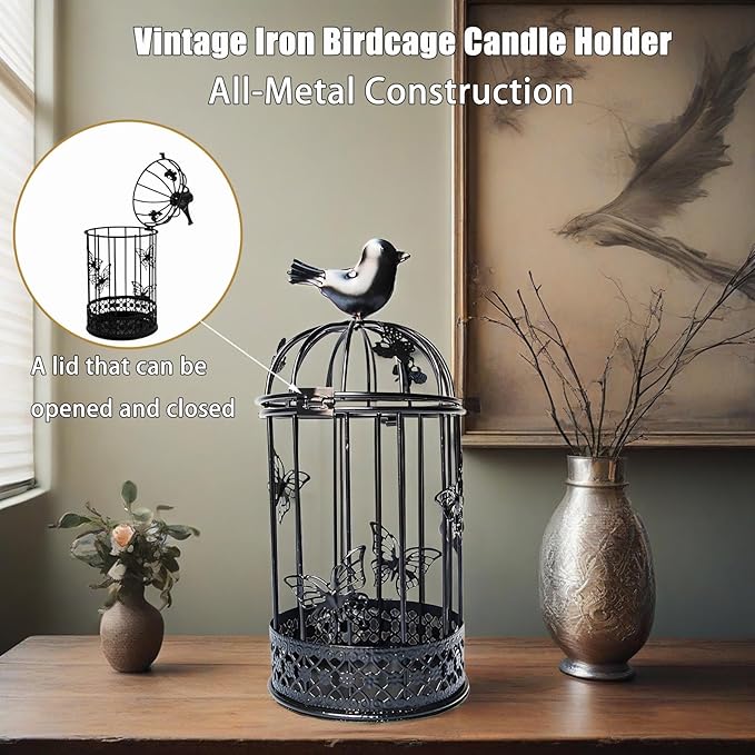 Vintage Decorative Bird Cage，Metal Black Bird Cage Decor for Candelabros para Centros De Mesa & Lanterns Decorative Indoor Suitable Wedding Party, Dining Table，Fireplace Metal Lantern&Bird Cage Decor