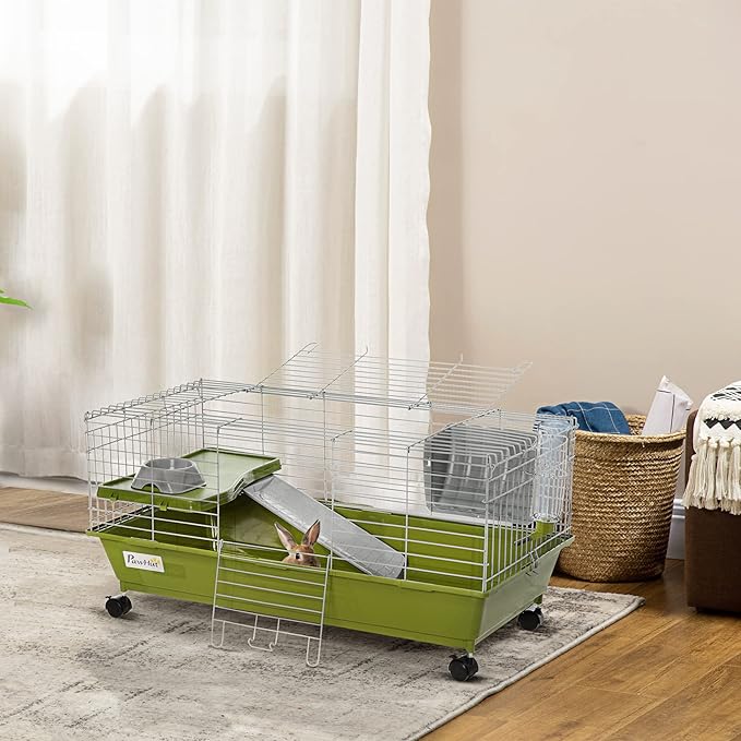 PawHut 35" L Small Animal Cage, Rolling Bunny Cage, Guinea Pig Cage with Food Dish, Water Bottle, Hay Feeder, Platform, Ramp for Chinchilla, Green