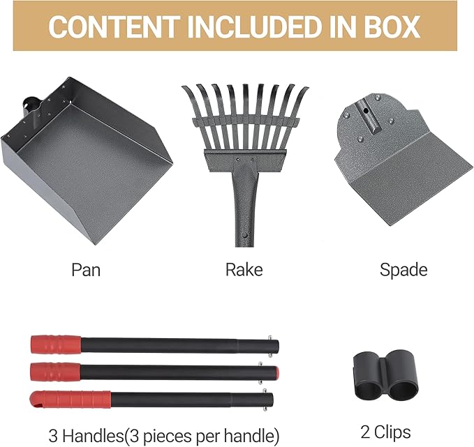 Heeyoo Dog Pooper Scooper, Dog Poop Tray and Rake Set, Pet Waste Removal Scoop with Long Adjustable Sectional Stainless Handles
