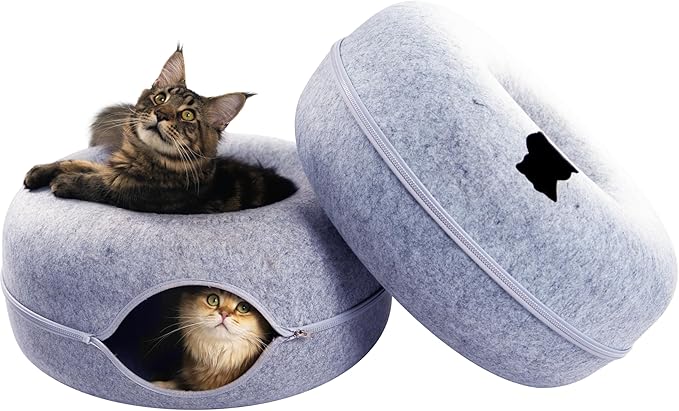 CATTASAURUS Peekaboo Cat Cave for Multiple & Large Cats Up to 30-45 Lbs, Scratch Detachable & Washable Tunnel Bed, Comfy Donut Cat Cave (Light Gray + Light Gray, Large)