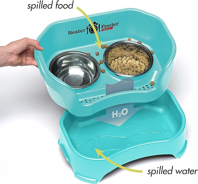 Neater Pet Brands Neater Feeder Deluxe Mess Proof Dog Bowls Elevated for Medium Dogs 19-40 lbs, Made in USA, No Spill Raised Dog Food Bowl Stand Feeding Station, Food and Water Bowl Set, Aquamarine