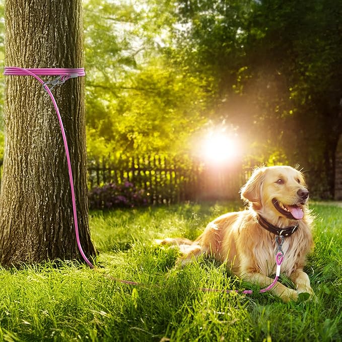 Tresbro 15FT Reflective Tie Out Cable for Dogs Up to 250 Pounds, Steel Wire Lead Leash Cable with Stainless Rotatable Buckle, Lightweight and Enduring, Dog Chains Outside for Outdoor, Yard, Pink