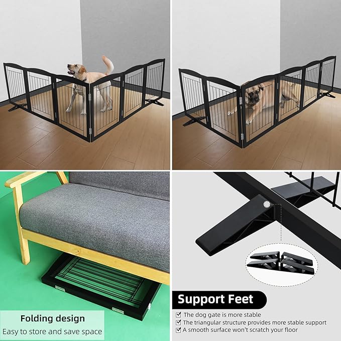 ZJSF Freestanding Dog Fence Indoor, Foldable Dog Gate for Doorways, Stairs or Hallways, Sturdy Wood Extra Wide Pet Gate with Support Feet for The House, Black, 32 "Height-6 Panels