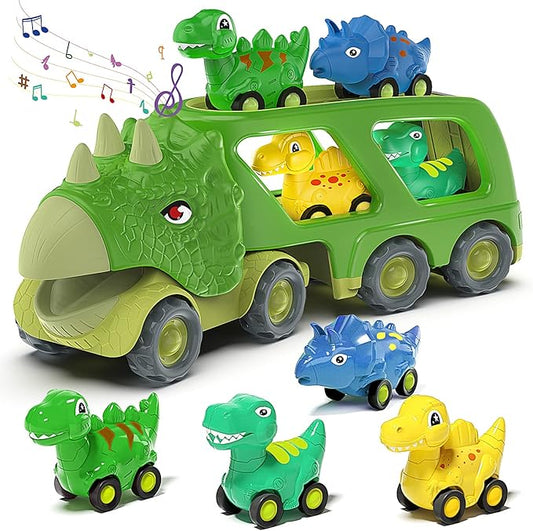 Veslier Dinosaur Car Toy for 3 4 5 Years Old Boys, Friction Power Carrier Truck with 4 Pack Small Pull Back Dino Car, Christmas Birthday Gift for 3+ Boy Girl Kids Toddlers