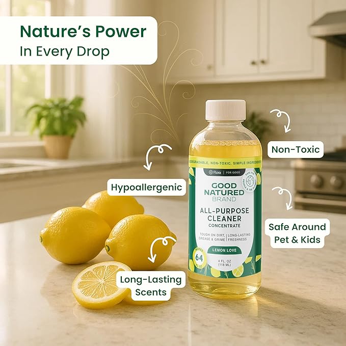 Good Natured Brand All-Purpose Cleaner Concentrate | Multi-Surface Cleaner | Natural Lemon Essential Oil | Multipurpose Cleaner Concentrate All Surfaces | Lemon Love | 4oz makes 64oz