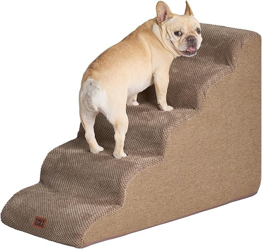 EHEYCIGA Curved Dog Stairs Ramp for High Beds 22.6" H, 5-Step Dog Steps for Small Dogs and Cats, Pet Stairs for High Bed Climbing, Non-Slip Balanced Pet Step Indoor, Camel