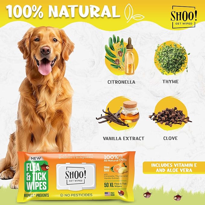 Shoo! Flea & Tick Wipes for Dogs | Convenient, Easy On-The-Go Protection | Plant Based, Natural Oils, Chemical Free | Repels & Prevents | 50 XL Wipes | (Citrus Burst)