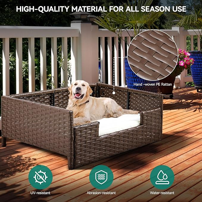 YITAHOME Rattan Dog Sofa Bed with Cushion,Wicker Pet Bed Sofa Couch Indoor Outdoor Waterproof for Large Medium Small Dogs Cats (38.6''L*26.4''W*15''H,Beige)