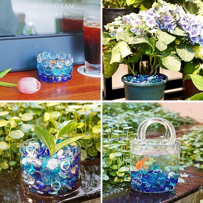 5LB Blue Mix Flat Glass Marbles for Vases, Mancala Stones Gemstone Beads Vase Filler Decorative Glass Pebbles for Fish Tank, DIY Crafts, Aquarium Decor Rocks