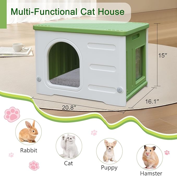 Rockever Plastic Cat House Outdoor with Escape Door, Waterproof Feral Cat House Outdoor Indoor, Sturdy Cat House for Outdoor Cats with Cat Bed Mat, Assemble Easily-Green
