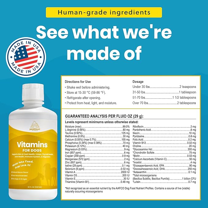 Liquid Multivitamin for Dogs with Probiotics, 8 in 1 Vitamins for Immune Support, Energy & Digestion, High Absorption Liquid Dog Supplement, Made in USA, 32 oz