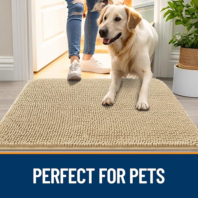OLANLY Dog Door Mat for Muddy Paws 30x17, Absorbs Moisture and Dirt, Absorbent Non-Slip Washable Doormat, Quick Dry Chenille Mud Mat for Dogs, Entry Indoor Entryway Carpet for Inside Floor, Beige