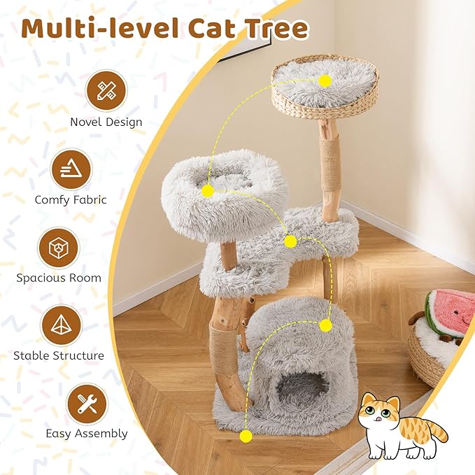 Tangkula Cat Tree Tower, Solid Wood Modern Cat Tower with Top Cattail Basket Bed, Side Perch, Large Platform & Cat Condo, Cute Cat Tree with Scratching Posts for Indoor Cats Large Adult