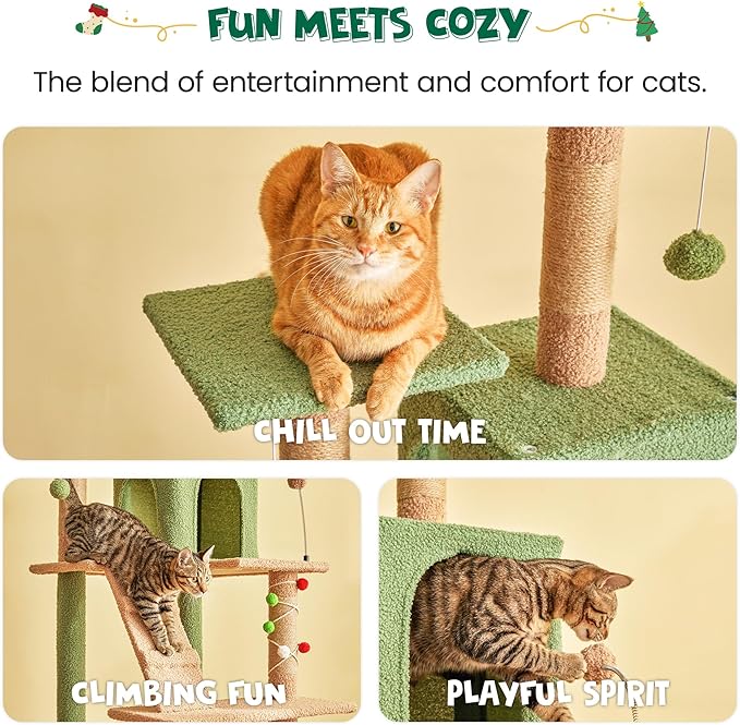 MWPO 63.8 Inches Green Cat Tree for Indoor Cats, Multi-Level Cat Tower with Sisal-Covered Scratching Posts, Padded Platform, Hammock, Dangling Toys, Stable Cat Condo Pet Play House