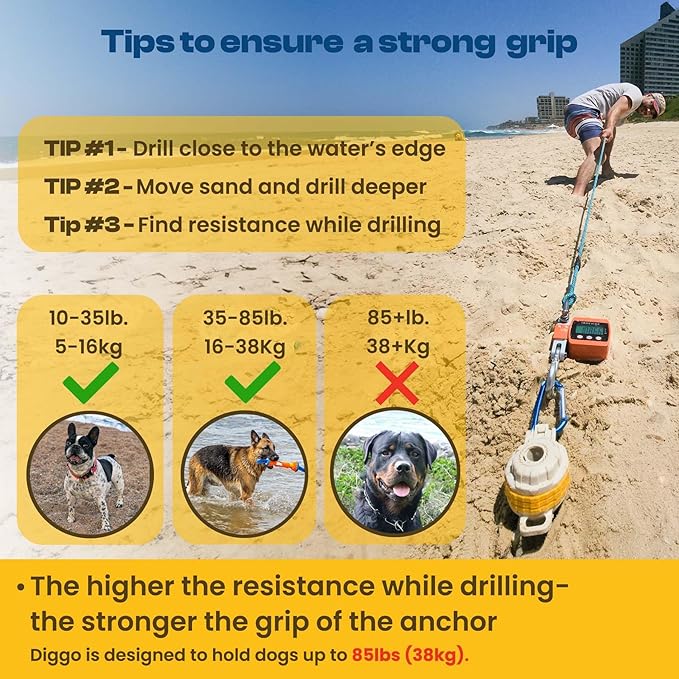 Diggo Dog Stake Beach Anchor - Dog Beach Essentials for All Dog Sizes - Unique 360° Head Rotating Combination Beach Lock System, Heavy Duty Tie Out Stake, Umbrella Sand Anchor, Designed for The Beach