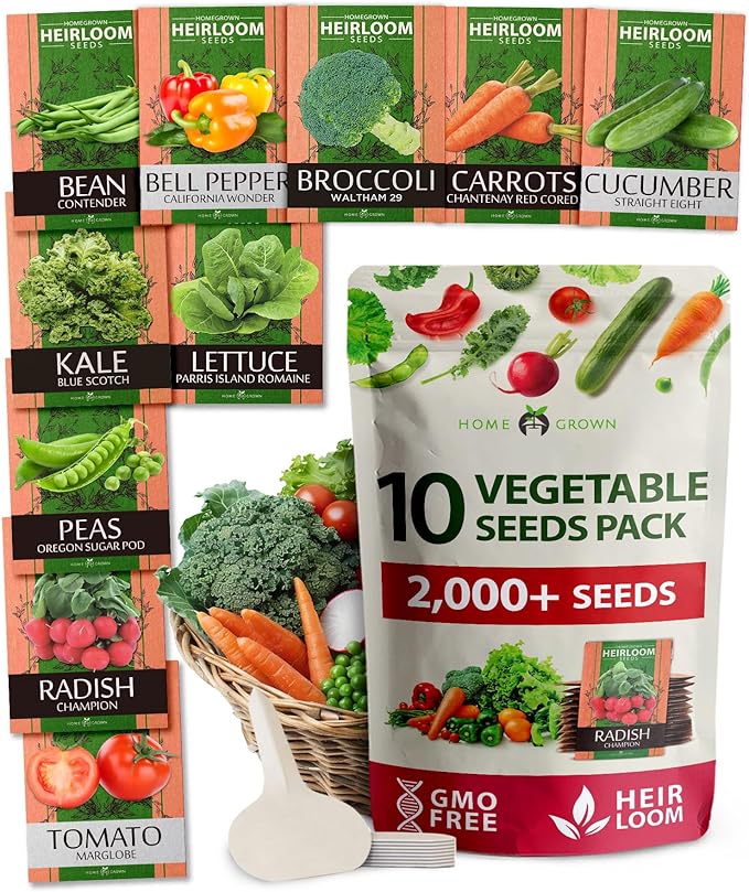 HOME GROWN 𝗨𝗦𝗔 𝗣𝗥𝗘𝗠𝗜𝗨𝗠 10 Variety Vegetable 2,000+ 𝗡𝗢𝗡-𝗚𝗠𝗢 Seeds (Kale Lettuce Tomato Broccoli Beans Peas Bell Peppers Carrot Cucumber Radish) – Indoor & Outdoor Garden Survival Seeds