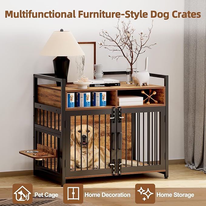 Furniture Style Dog Crate with Storage, 41 Inch Dog Crate Furniture with Double Doors, 2 Stainless Steel Bowls, Dog Crate Furniture-Style Crate for Large/Medium Dog