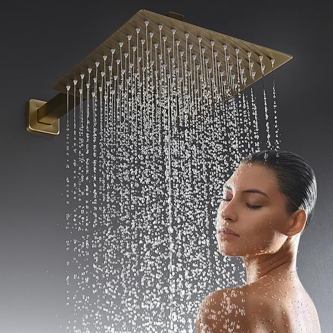 10" Square Rainfall Bathtub and Shower Trim Systems with Rotating Handheld Sprayer, Foldable Tub Spout, Wall-Mounted, Solid Brass Valve with Shampoo Platform- Brushed Gold (Square, Brushed Gold)