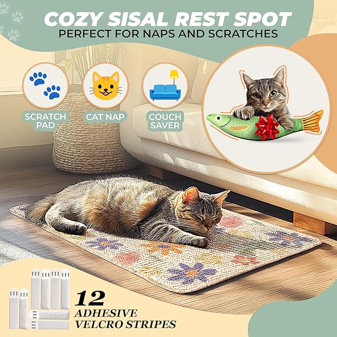 SCRATCHABLE Sisal Cat Scratcher, [+ Catnip Fish Toy], Wall Scratcher, Couch Protector, Scratching Mat- 24 X 15.8 With 12 Adhesive Velcro Stripes (Floral)
