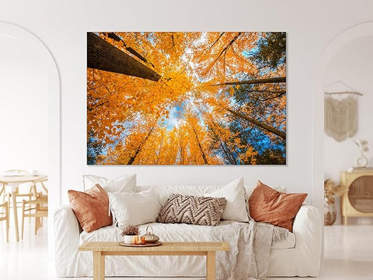 Nature Wall Art Prints - Ocean Forest Mountain Lake Canvas Landscapes - Small to Extra Large Living Room Bedroom Kitchen Bathroom Décor (Blue Sky Through Yellow Autumn Trees, 20L" x 30W")