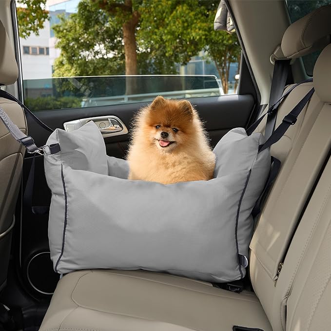 Lesure Small Dog Car Seat for Small Dogs - Soft Dog Booster Seat for Car with Storage Pocket and Clip-On Safety Leash and Thickened Memory Foam Filling, Pet Carseat Travel Carrier Bed, Grey