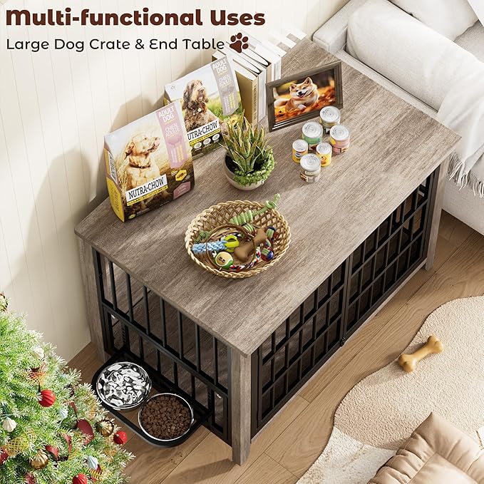 Lulive Large Dog Kennel Indoor with 360°& Adjustable Raised Dog Bowls, Wooden Dog Crate Furniture Double Doors Furniture Dog Crates End Table for Large/Medium Dogs 37.8" L*23.6" W*27" H, Grey