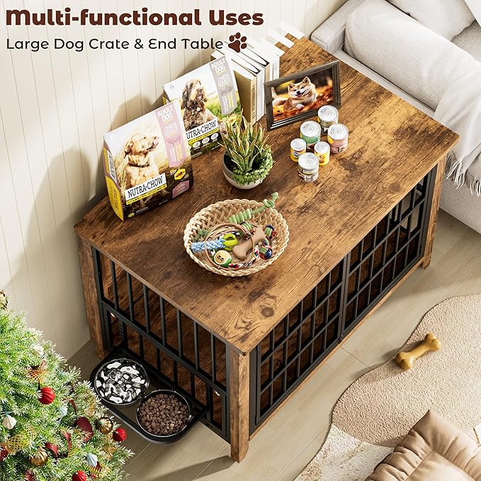 Lulive Wooden Dog Crate Furniture, Large Dog Kennel Indoor with 360°& Adjustable Raised Dog Bowls, Double Doors Furniture Dog Crates End Table for Large/Medium Dogs 37.8" L*23.6" W*27" H, Brown