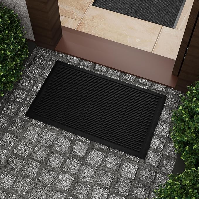 Indoor/Outdoor Hose-Wash Lines Design Non-Slip Rubber 18" x 30" Modern Entryway Mat for Entryway, Patio, Backyard, Garage, 18" x 30", Black Lines