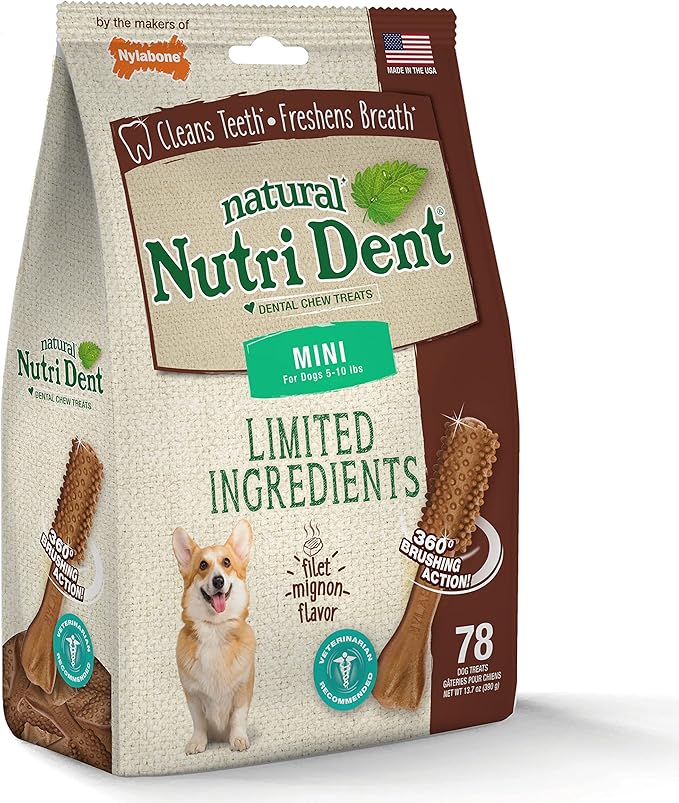 Nylabone Nutri Dent Dog Dental Treats - Natural Dog Teeth Cleaning & Breath Freshener - Dental Treats for Dogs - Filet Mignon Flavor, Mini (78 Count)