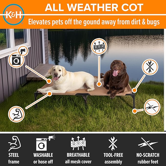 K&H Pet Products Outdoor Elevated Dog Cot, Cooling Raised Bed with Waterproof Breathable Mesh for Large Dogs, Portable Place Bed with Heavy-Duty Metal Frame, Oversized Hammock Style - Jumbo Tan