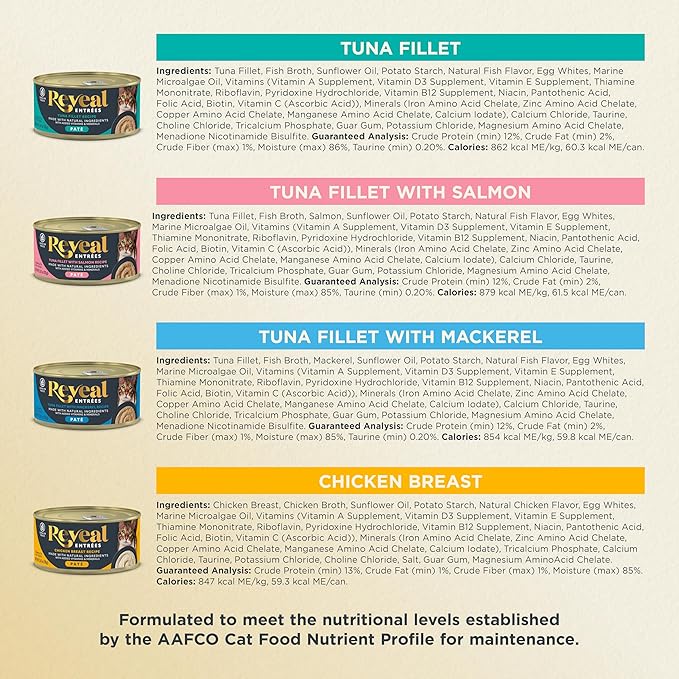 Reveal Entrées Natural Wet Cat Food Paté, Grain-Free with Added Vitamins & Minerals, Carrageenan-Free Variety Selection in Pate (20 x 2.47 oz cans)