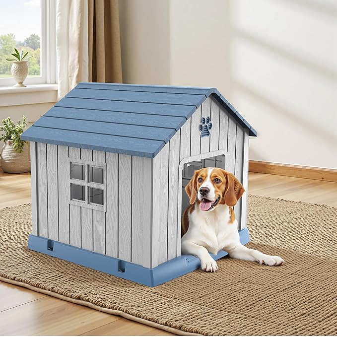 Vixzen 38in Large Outdoor Dog House,Durable Water Resistant Resin Dog House,Doghouse for Small to Large Dogs Indoor or Outside,with Air Vent and Elevated Floor,Blue