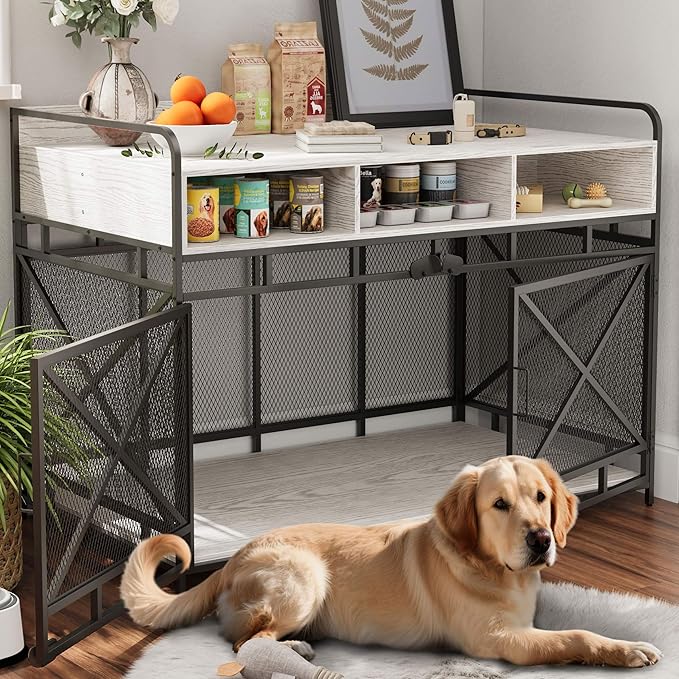 Dog Crate Furniture, 48" Heavy Duty Wooden Dog Crate End Table, XL Dog Kennel Furniture Large Breed, Decorative Dog Kennel Indoor with 3 Drawers & Steel Tube 48"L x28"W x36"H (White and Black)
