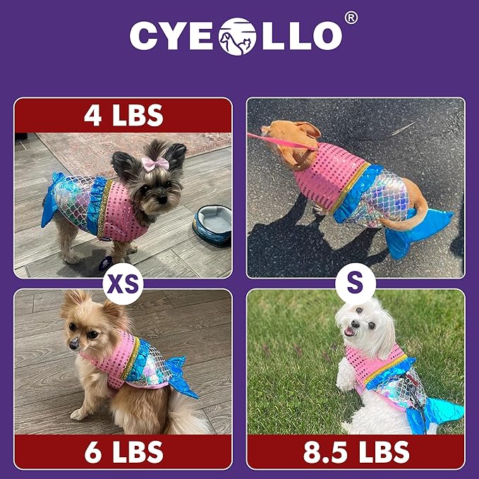 cyeollo Mermaid Dog Costume Halloween Dog Clothes with Sparkly Sequin Holiday Party Outfits Puppy Pet Costumes for Small Dogs Size XS