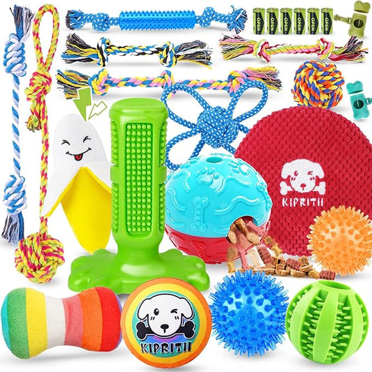 KIPRITII 25 Pack Various Puppy Dog Toys for Teething, Entertainment & Interaction, Puppy Chew Toys Pack with Rope Toy, Treat Balls and Dog Squeaky Toys for Puppies & Small Dogs