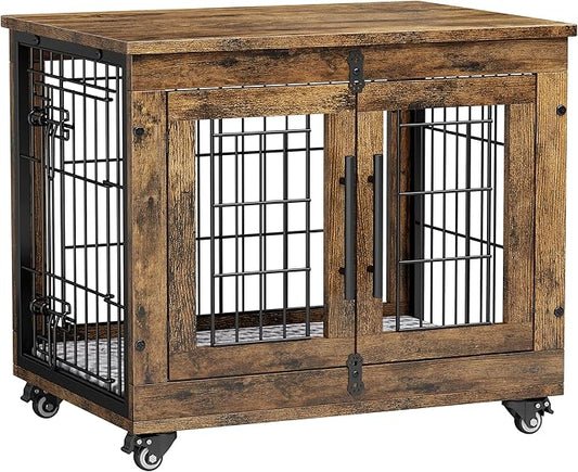 Lulive Small Dog Crate Furniture, Dog Kennel Indoor Double Doors Wooden Dog Cage, 27.1'' Heavy Duty Dog Crate with Cushion & Wheels, Decorative End Table Pet House Chew-Resistant for Small Dogs, Brown