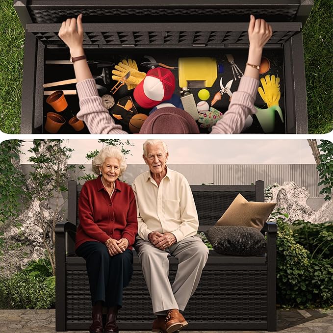 80 Gallon Storage Bench Waterproof and Lockable,Deck Box Outdoor Storage Furniture for Patio,Garden,and Porch – Perfect for Storing Garden Tools and Cushions(Black)
