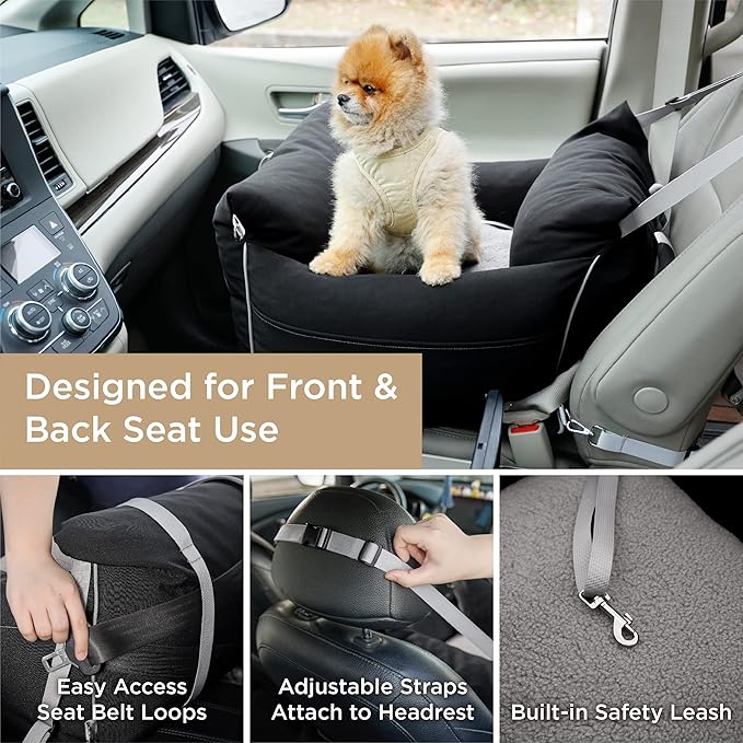 Lesure Small Dog Car Seat for Small Dogs - Waterproof Dog Booster Car Seat with Storage Pockets, Clip-On Safety Leash and Thickened Memory Foam Filling, Pet Carseat Puppy Travel Carrier Bed, Black