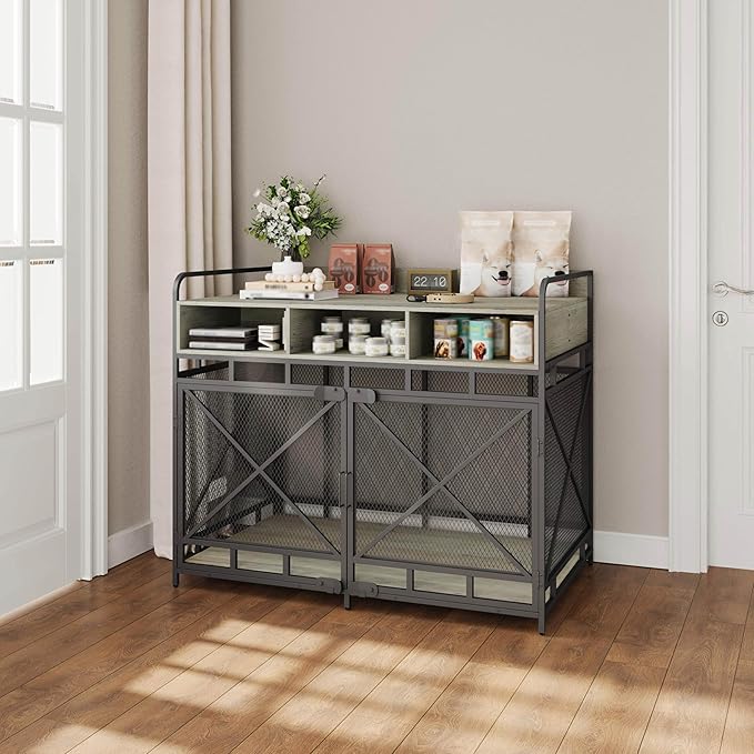 Dog Crate Furniture, 48" Heavy Duty Wooden Dog Crate End Table, XL Dog Kennel Furniture Large Breed, Decorative Dog Kennel Indoor with 3 Drawers & Steel Tubes 48" L x28 W x38 H (Grey)