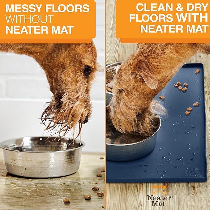 Neater Pet Brands Neater Mat Pet Mats for Food and Water, Cat & Dog Bowl Mat Waterproof Silicone, Feeding Tray, Dog Food Mats for Floors, Placemat w/Raised Edge for Under Bowls, 16” x 10”, Dark Blue