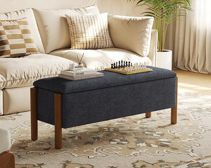 Storage Ottoman Bench, End of Bed Bench for Bedroom, 47" Boucle Upholstered Entryway Shoe Seat Bench, Holds up to 660 lb Storage Ottoman, Padded Blanket Chest Stool Foot Rest for Living Room Blue