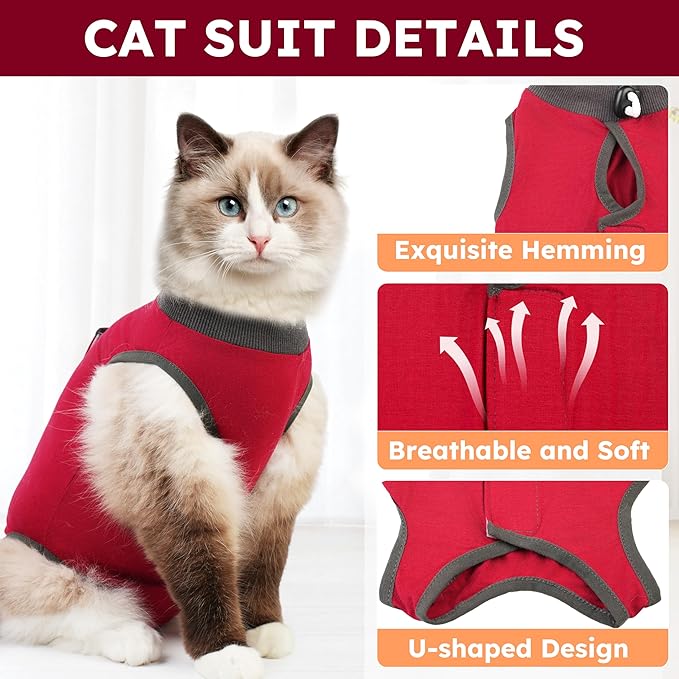 Cat Recovery Suit for Spay Abdominal Wounds, Kitten Onesie Bodysuit for Cats After Surgery, Cat Surgery Recovery Suit Female Cone of Shame Alternative for Cats Anti Licking (Red,M)