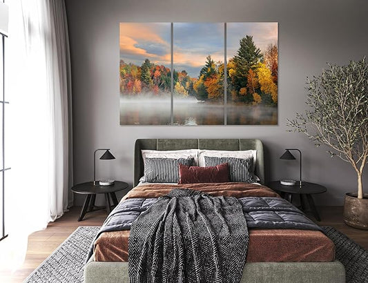 Nature Wall Art Prints - Ocean Forest Mountain Lake Canvas Landscapes - Small to Extra Large Living Room Bedroom Kitchen Bathroom Décor (Misty Fall Reflection, 55L" x 83W"- 3 Panels)