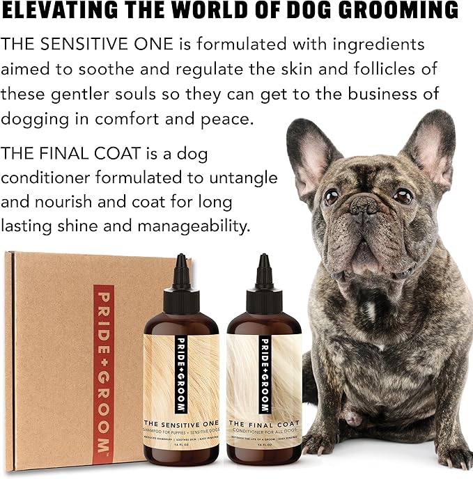 Pride and Groom The Sensitive One Box Set – Dog Shampoo & Conditioner with All Natural Blend of Essential Oils & Ingredients to Soothe, Nourish & Untangle for Long Lasting Shine & Manageability – 32oz